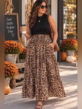 Curated Fall Outfit XL Old Navy Black Top Paper Heart Leopard Maxi Skirt